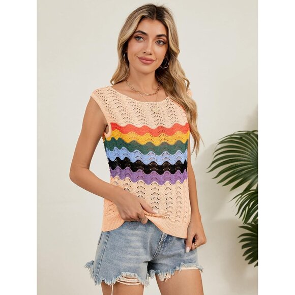 Takeyal Women Light Khaki Sleeveless Crochet Tank Casual Summer Striped Sweater - Picture 3 of 7